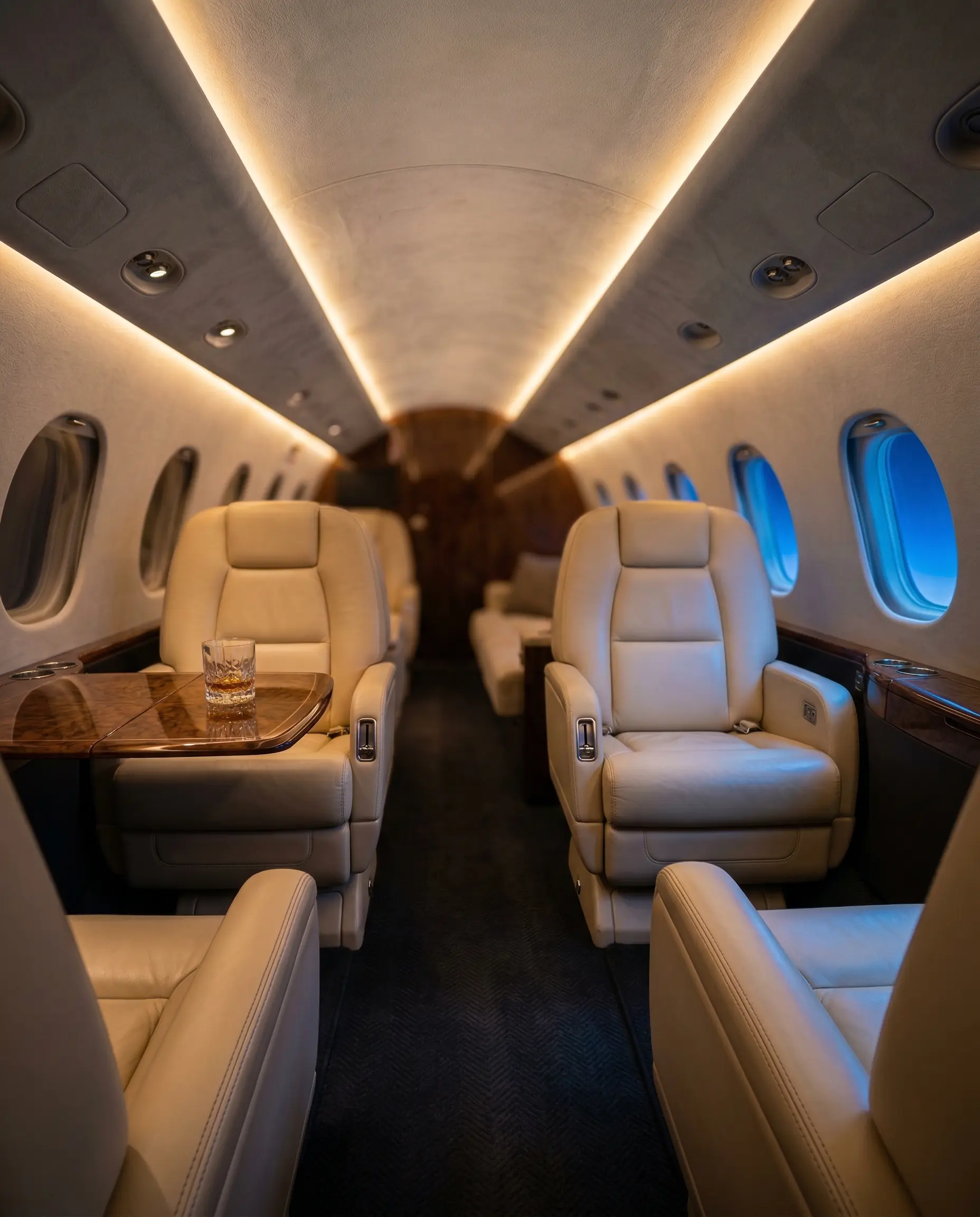 Luxury heavy jet cabin interior with leather seating during night flight